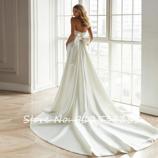 Весільна сукня Hochzeitskleid атласна русалка з знімним поїздом без бретелей простий Brautkleid Bow Back Vestido de Noiva Sereia