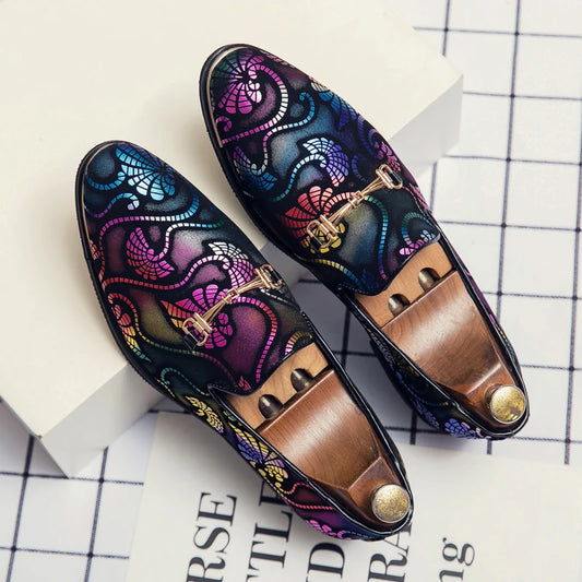 New Men Dress Leather Shoes For Men Luxury British Gold Blue National Pattern Oxfords Classic Gentleman Wedding Prom Shoes