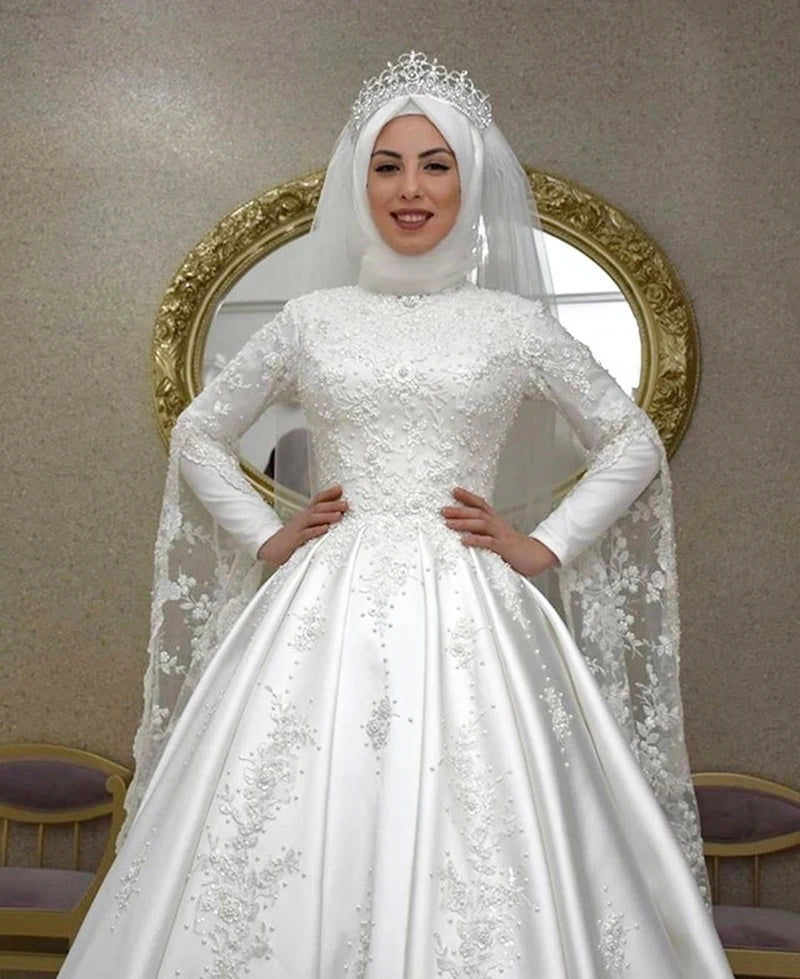 customized  Luxury Muslim A Line Wedding Dresses Long Flare Sleeves Lace Satin Bride Dresses Arabic Islamic Vestido De Noiva