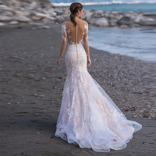 Mangas largas de la playa Mermaid Tulle Vestido de novia elegante Apliques de encaje en V Illusión con botón Vestido de novia personalizado
