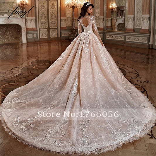 Розкішні квіти з довгими рукавами з мереживного кулькового сукні весільні сукні 2024 Елегантні аплікації з бісером