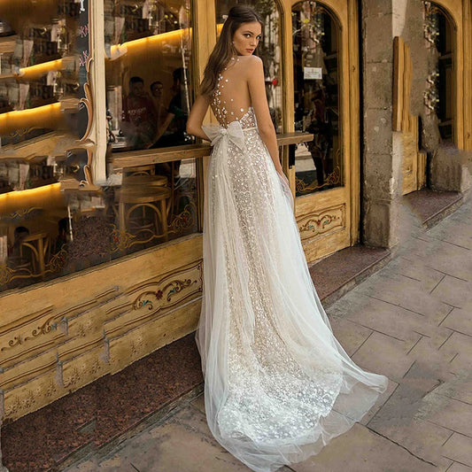 فساتين زفاف دانتيل على شكل حرف a 2024 فستان زفاف على الشاطئ بوهو طول الأرض فستان حفلة الأميرة الساحرة مقاس كبير