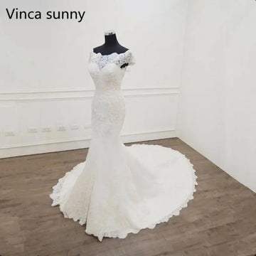 Customized Mermaid Wedding Dresses Boat Neck Cap Sleeves Bridal Dress Lace Applique Robe Sexy Wedding Gowns Vestido De Novia