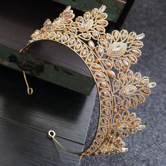 Barok Vintage Altın Renk Şampanya Rhinestone Gelin Tiaras Taç Düğün Saç Aksesuarları Kristal Pageant Tiaras Kraliçe Diadem
