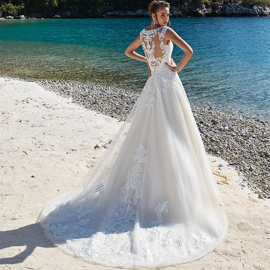 Plus size trouwjurk kant applique mouwloze illusie strand trouwjurk vintage een lijn prinses bruidsjurken