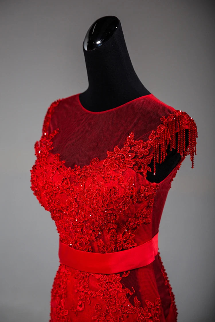 Customized Red mermaid wedding dresses Elegant lace applique Beading Bridal Bress With Belt vestidos de noiva robe de mariage