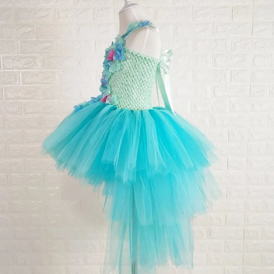 POSH DREAM Aqua Blue Flower Kids Girls Wedding Dress with Train Tulle Flower Straps Children Party Clothes Kids Girls Tutu Dress