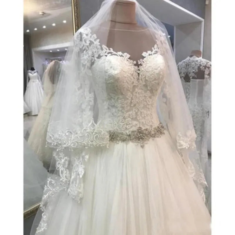 Customized Vestido De Noiva New Tulle A-Line Elegant Lace Wedding Dresses  Bridal Gown Sheer Back Buttons robe de mariee