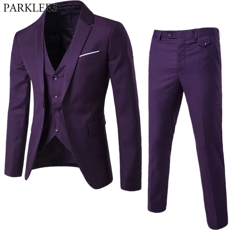 3pc Men Purple Suit (Jacket+Pants+Vest) Brand Slim Fit Elegant Suits With Pants Mens Grooming Busienss Tuxedo Suits Ternos S-6XL