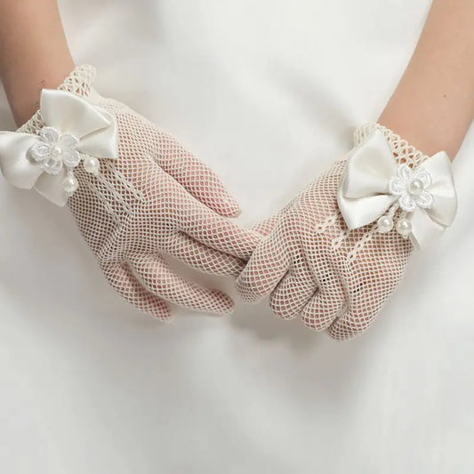 Mode Princess Wedding Gloves For Girls Mesh Evening Children's Holiday Accessories met een verjaardagsboog Performance -handschoenen voor