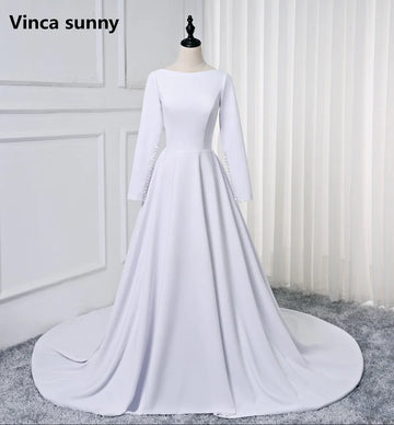 Customized Soft Satin Muslim Wedding Dress Long sleeve A Line Simple Bridal Gown robe de mariage 2025 Vestido De Noiva