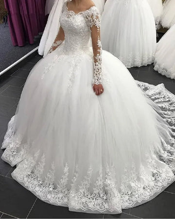Customized  Elegant Long Sleeve Tulle Wedding Dresses Lace Applique Ball Gown Princess Wedding Gowns Plus Size robe de mariee