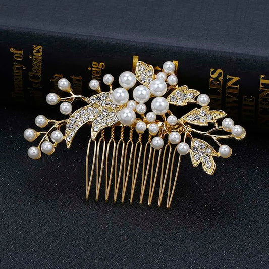 Fashion Gold Color Pearls Crystal Floral Hair Combs for Women Brides Headpiece Bridal Wedding Hair Accessories Gifts