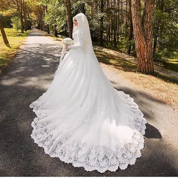 Muslim Wedding Dresses Long Sleeve Vestido De Noiva Robe De Mariage Luxury Long Trail Lace Bridal Dress Wedding Gown customized