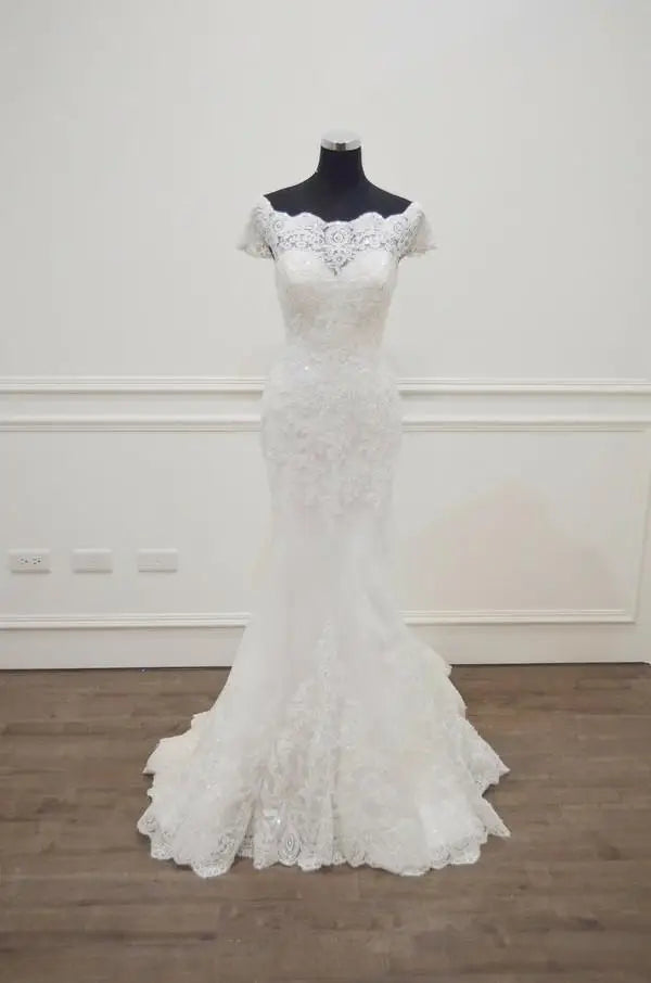 Customized Mermaid Wedding Dresses Boat Neck Cap Sleeves Bridal Dress Lace Applique Robe Sexy Wedding Gowns Vestido De Novia