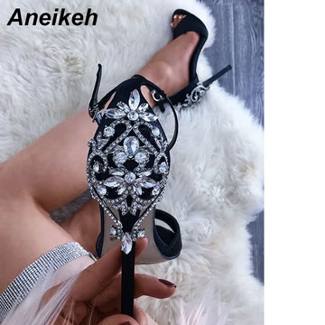 Rhinestone Stiletto Lady Sexy Crystal Thin Heels Sandal Woman Ankle Strap Wedding Dress Shoes Pumps Size 35-42 Black