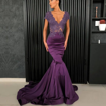 customized Sexy Purple Mermaid Prom Dress V-neck Cap Sleeve Beaded Lace Nude Back Arabic Style robe soiree Long Evening Dresses