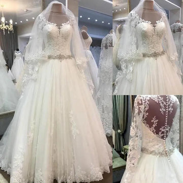 Customized Vestido De Noiva New Tulle A-Line Elegant Lace Wedding Dresses  Bridal Gown Sheer Back Buttons robe de mariee