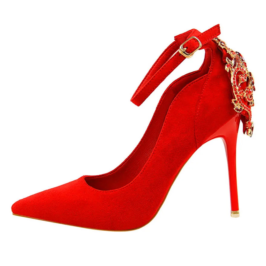 Luxury crystal ankle strap women pumps brand high heels diamond pointed ladies bridal wedding banquet shoes – Pollyanna Events