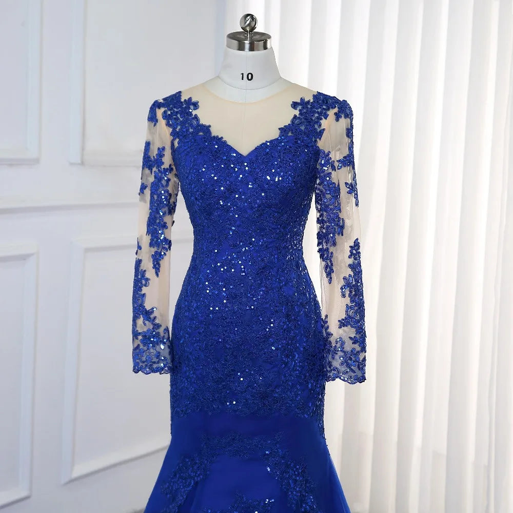 customized Sexy Long Evening Dress 2025 Long sleeve Sequin Mermaid royal blue Prom Gown Formal Robe de Soiree vestido de festa