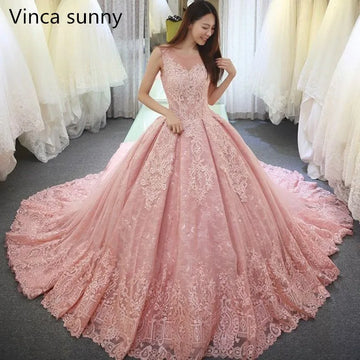 customized Pink Wedding Dresses Princess Sleeveless lace applique Bridal dress Long Tail Backles luxury Vestidos De Noiva