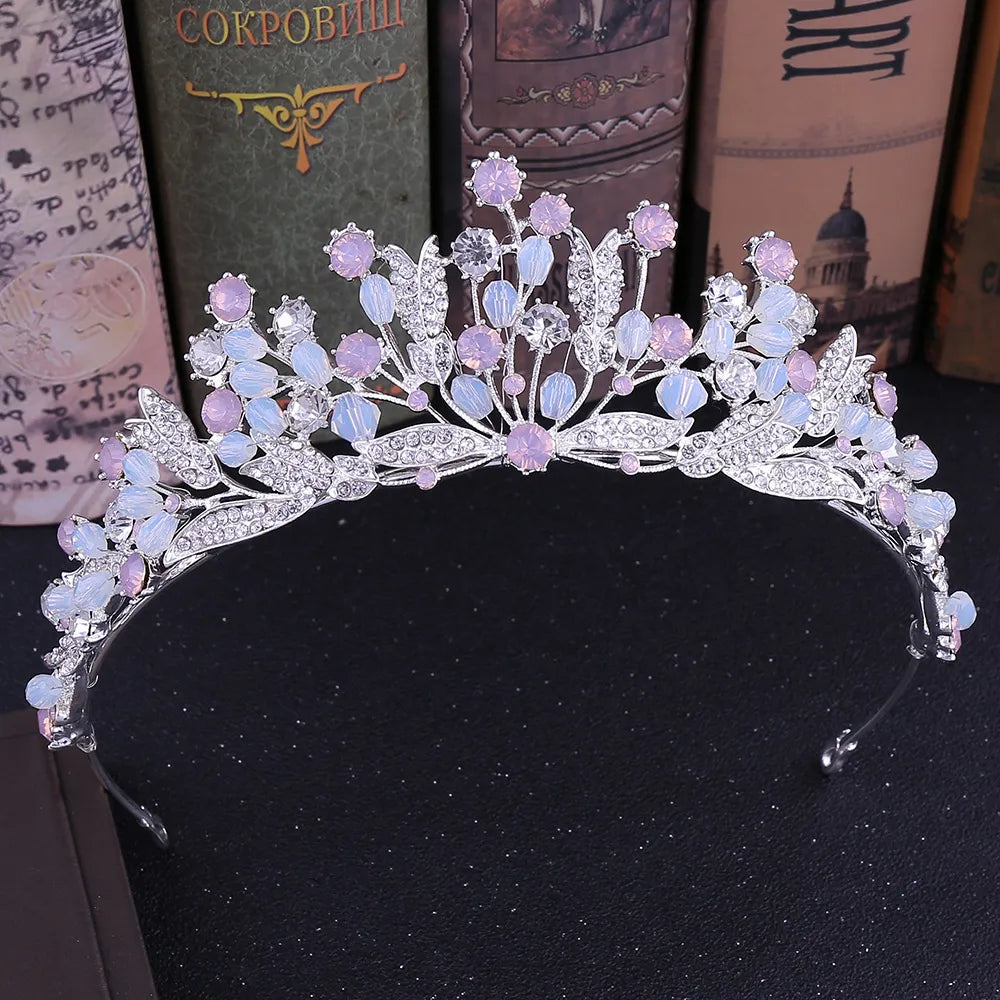 Baroque Handmade Pink Crystal Beads Bridal Tiaras Crowns Pageant Prom Rhinestone Veil Tiara Headbands Wedding Hair Accessories