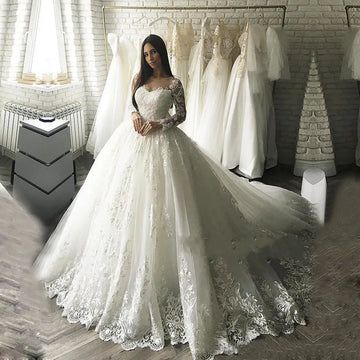 Customized  Long Sleeves Ball Gown Wedding Dresses Applique Elegant Woman Bridal Gown Celebrity vestido De Noiva robe de mariee