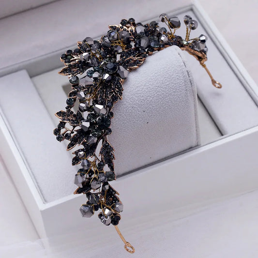 Perle di cristallo nere fatte a mano barocce corona da sposa Rhinestone Diadem con pageant velo fascia per capelli per capelli accessori per capelli