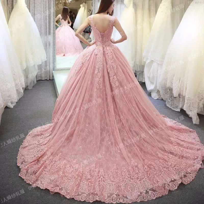customized Pink Wedding Dresses Princess Sleeveless lace applique Bridal dress Long Tail Backles luxury Vestidos De Noiva