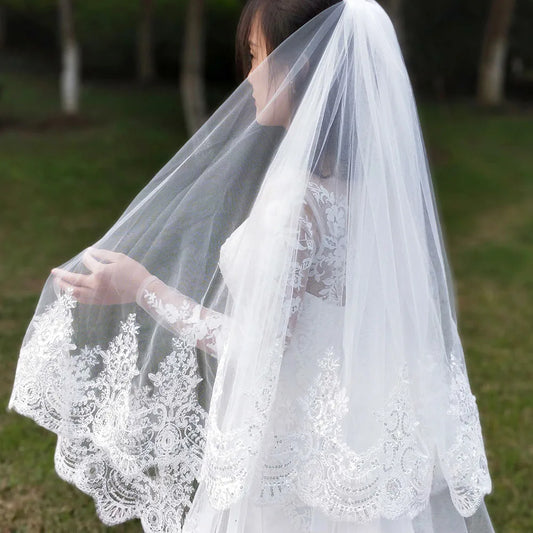 Real photos 2 couches paillettes en dentelle 3 mètres Veaux de mariage des bois de la cathédrale avec peigne 3 m de long blanc ivoire 2 t voiles de mariée