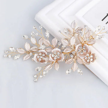 Handmade Golden Austrian Crystals Rhinestones Flower Leaf Wedding Hair Clip Barrettes Bridal Headpiece Hair accessories