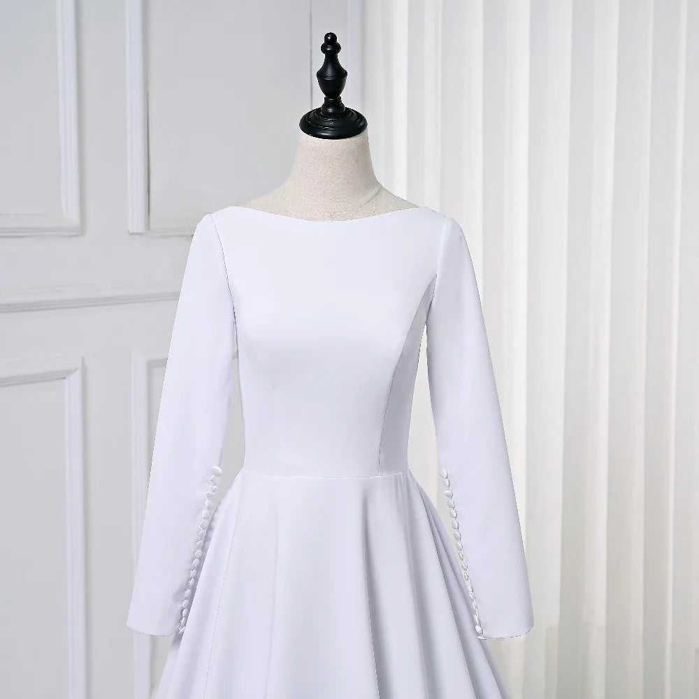 Customized Soft Satin Muslim Wedding Dress Long sleeve A Line Simple Bridal Gown robe de mariage 2025 Vestido De Noiva