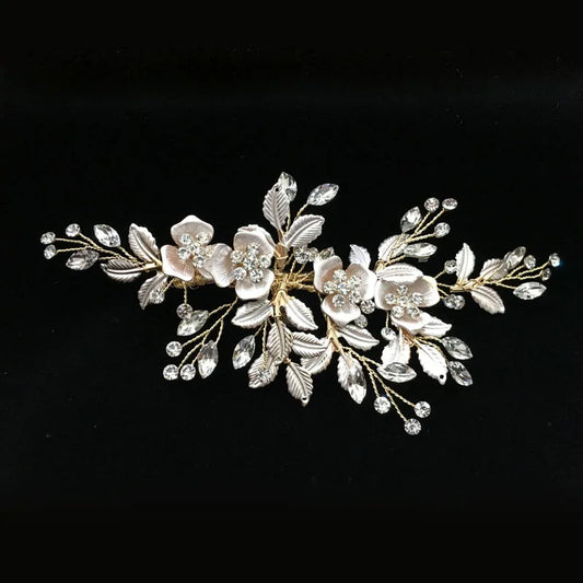 SLBRIDAL Handmade Golden Austrian Crystals Rhinestones Flower Leaf Wedding Hair Clip Barrettes Bridal Headpiece Hair accessories