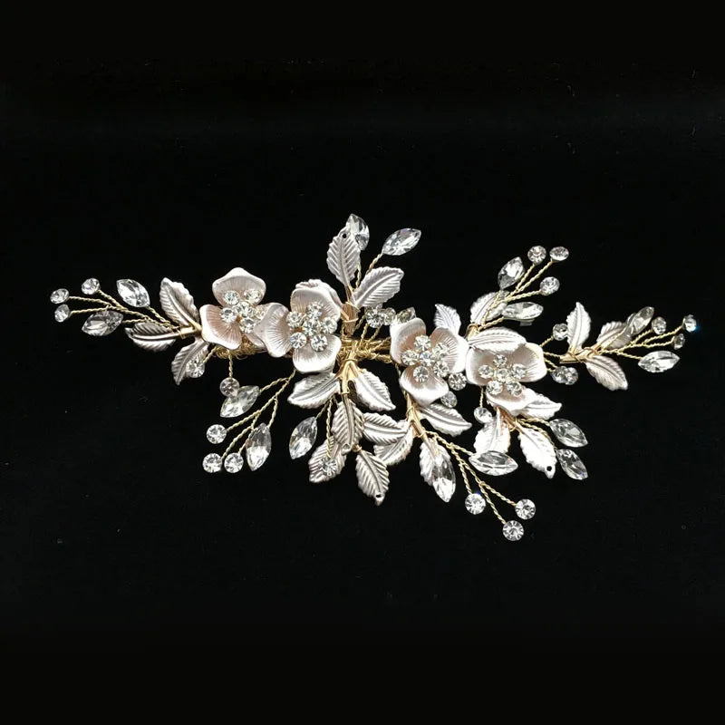 Handmade Golden Austrian Crystals Rhinestones Flower Leaf Wedding Hair Clip Barrettes Bridal Headpiece Hair accessories
