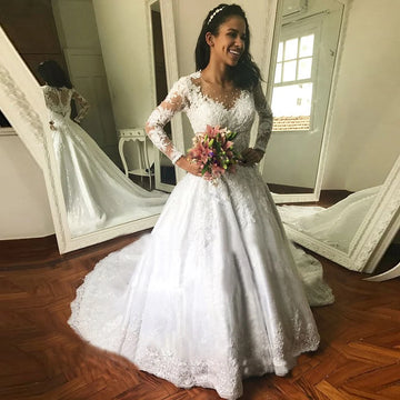 customized White Long Sleeves Wedding Dress Lace Appliques Bridal Dress Gowns Illusion Tulle Robe De Mariee Vestidos De Novia