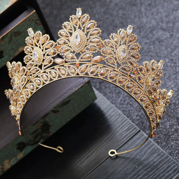 Baroque Vintage Gold Color Champagne Rhinestone Bridal Tiaras Crown Wedding Hair Accessories Crystal Pageant Tiaras Queen Diadem