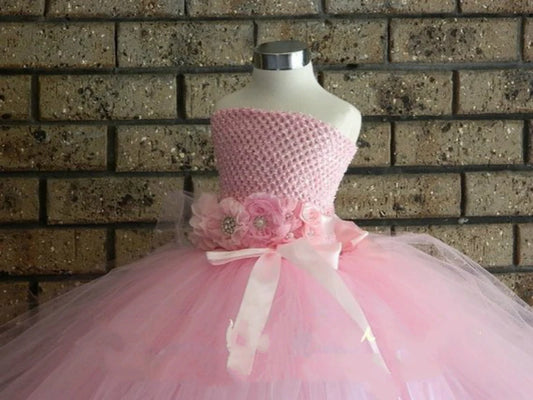 POSH DREAM Pink Flower Girls Wedding Dress with Long Train Flower Belt Kids Birthday Party Tutu Dresses Kids Girls Clothes