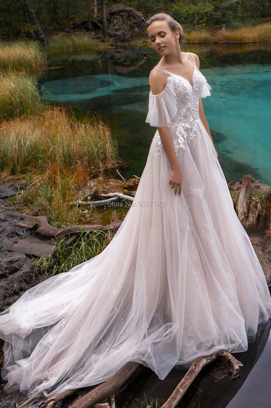 Luxo fora do ombro Vestidos de noiva Vestidos de decote V Apliques de flores 3D Apliques abertos Vestidos de noiva de Mariee