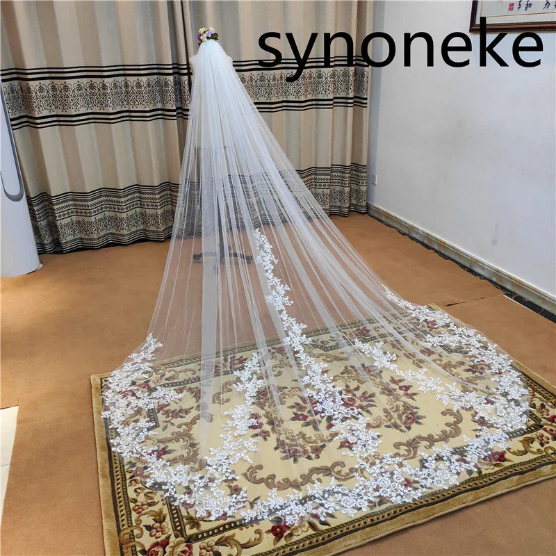 Long Lace Wedding Veil One Layer White Ivory 3 Meters Bridal Veil Voile Mariage Cathedral Veil with Comb