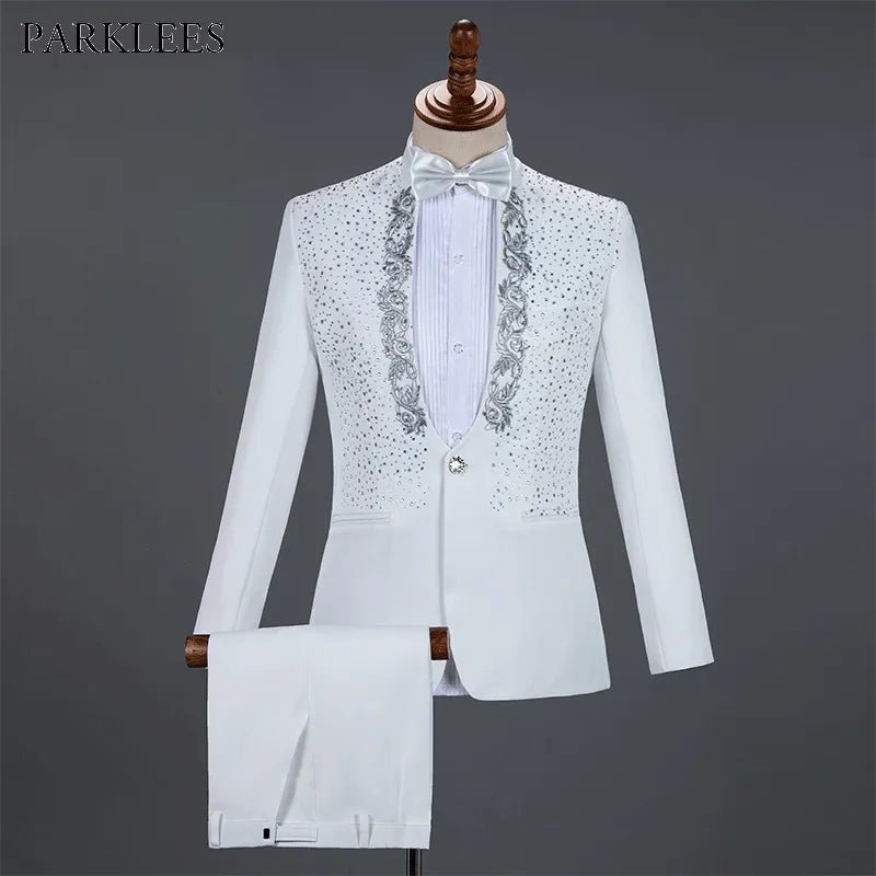 White sparkly crystals embroidery men wedding groom tuxedo suit pants stand collar stage costume – Pollyanna Events