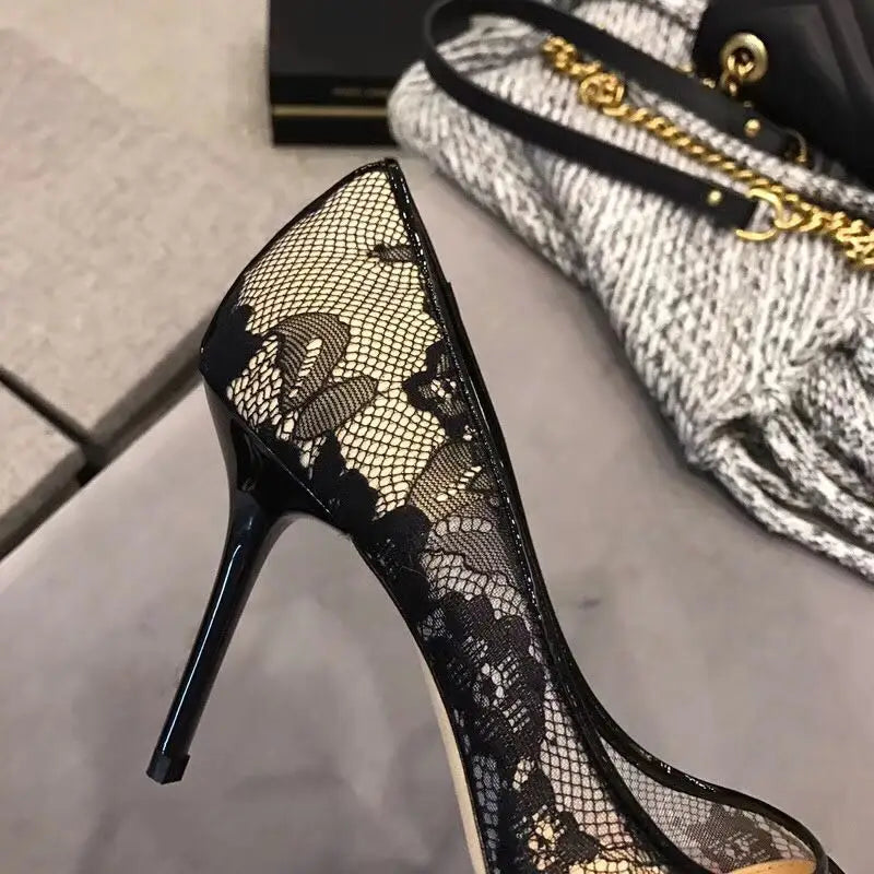 Elegant transparent flower lace high heels women pumps pointed toe sexy wedding party shoes – Pollyanna Events