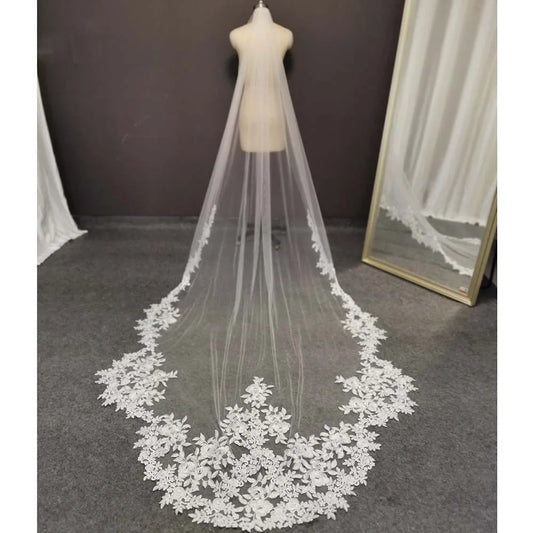 Foto vere velo da sposa in pizzo lungo tulle morbido velo da sposa a capesante con avorio bianco con pettine splendide velo da 3 metri