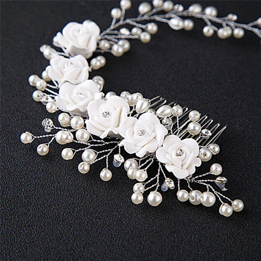 White Flower Pearls Hair Combs Handmade Austrian Crystal Wedding Hair Jewelry Accessories Bride Hairpieces