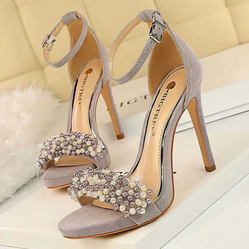 Pearl rhinestones suede women high heels sexy party sandals summer stiletto pumps – Pollyanna Events