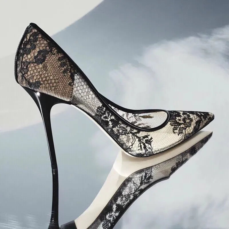 Elegant transparent flower lace high heels women pumps pointed toe sexy wedding party shoes – Pollyanna Events