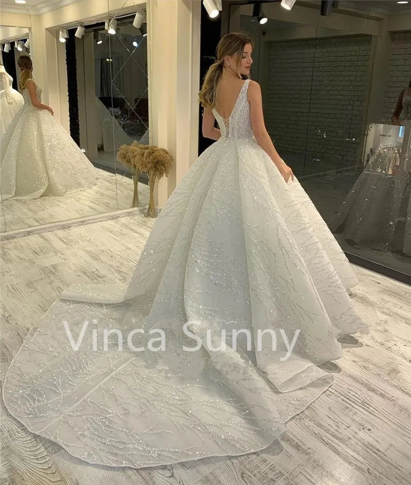 Customized Luxury Square Neck Shiny Wedding Dress A Line Sparkly Sequined Long Sleeves Bride Gown Beaded Vestido De Novia