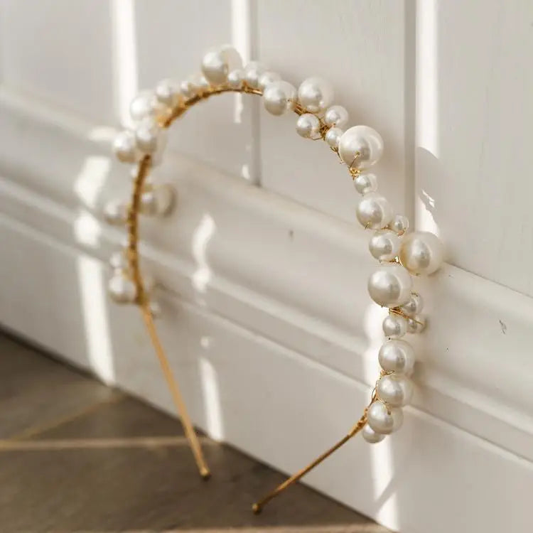 Pearls Beaded Headband Headpiece Vintage Tiara Crown For Brides Women Headwear Hairband Wedding Accessories Bridal Hair Jewelry