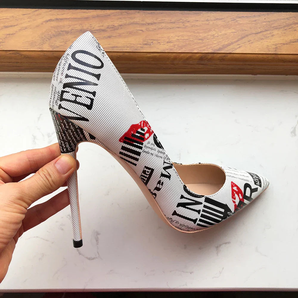 Graphic print white women pointy toe stiletto slip on designer pumps big size 43 44 45 – Pollyanna Events