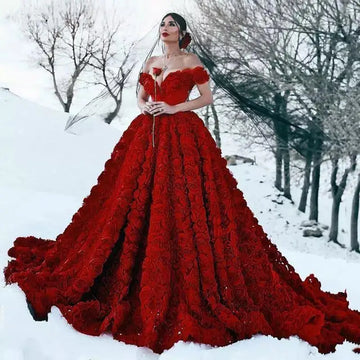 Luxury Plus size  Gorgeous Red 3D Flowers V Neck Wedding Dresses Mariage Sexy Bridal Dress Wedding Gowns customized