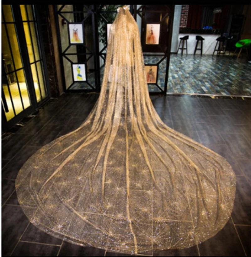 New Fashion Luxury Wedding Veils For Brides Bling Gold 3 Meters Sequins Crystal Big Bridal Veils Wedding Accessories starry sky Gold 300cm